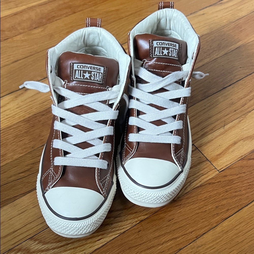 Converse Brown Leather and White High-Top Sneakers
